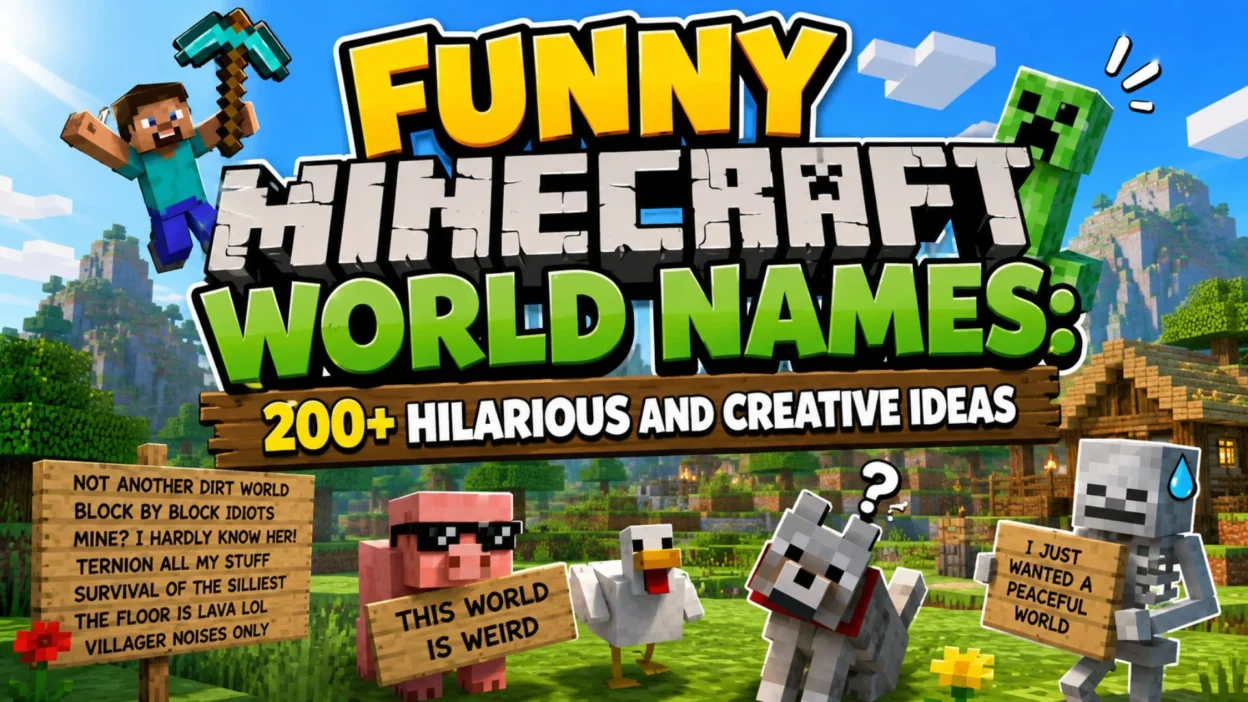 Funny Minecraft world names with Steve, Creeper, pig, chicken, wolf, and skeleton