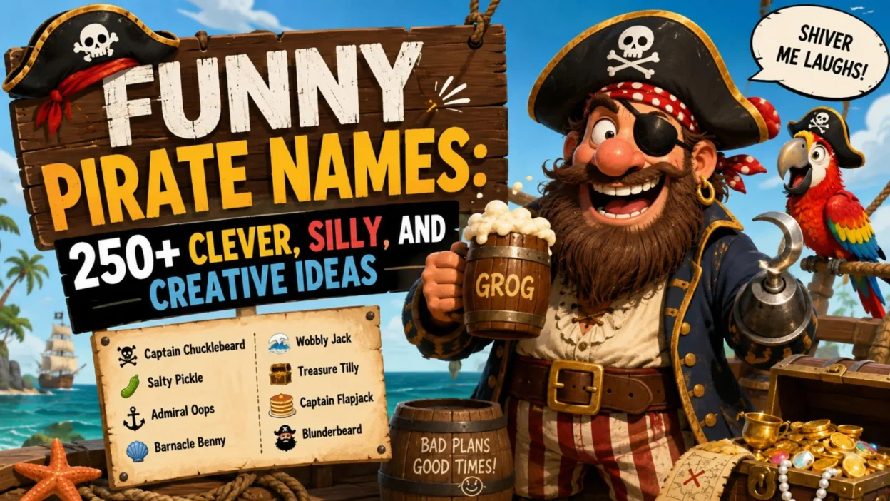 Funny pirate names with clever, silly, and creative ideas featuring a pirate captain and parrot