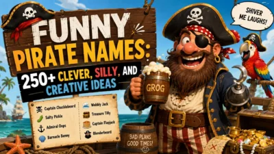 Funny pirate names with clever, silly, and creative ideas featuring a pirate captain and parrot