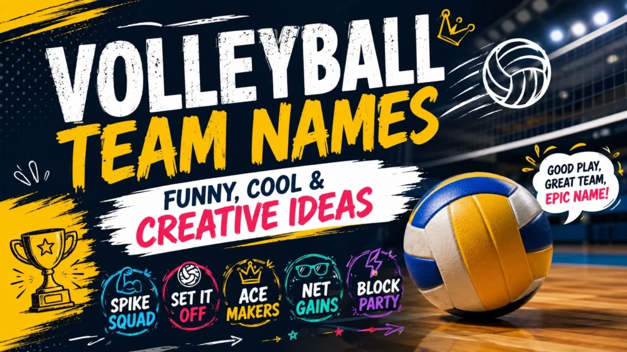 Volleyball team names with funny, cool, and creative ideas on a colorful sports-themed poster.