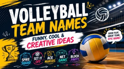 Volleyball team names with funny, cool, and creative ideas on a colorful sports-themed poster.