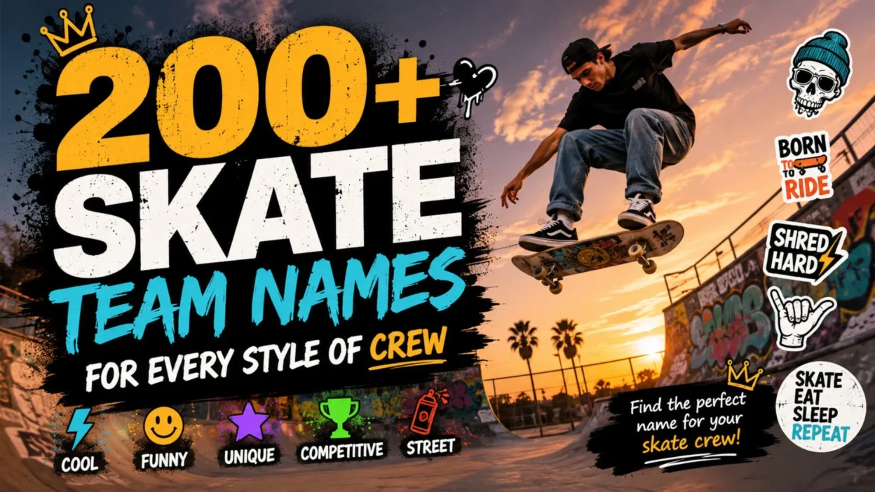 Colorful skate team names banner featuring a skateboarder performing a trick at a graffiti-covered skatepark during sunset.