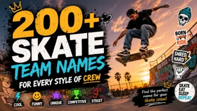 Colorful skate team names banner featuring a skateboarder performing a trick at a graffiti-covered skatepark during sunset.