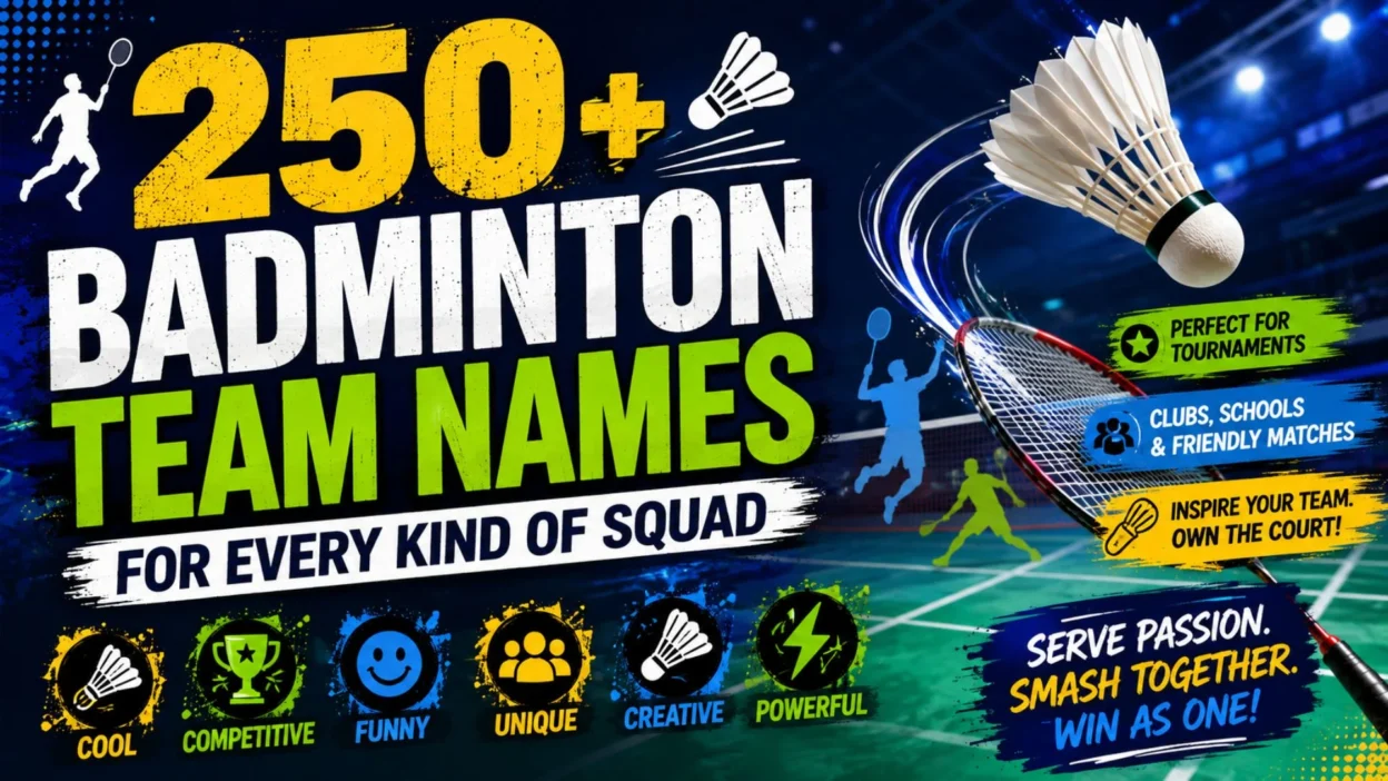 Badminton team names poster featuring players on a badminton court with rackets and shuttlecock.