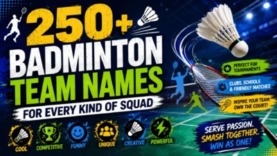 Badminton team names poster featuring players on a badminton court with rackets and shuttlecock.