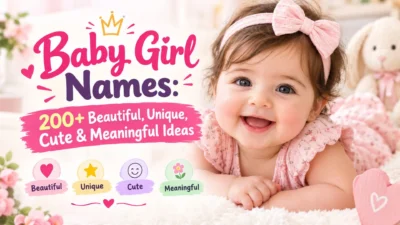 Baby girl names banner featuring a smiling baby in a pink bow with beautiful, unique, cute, and meaningful name ideas.