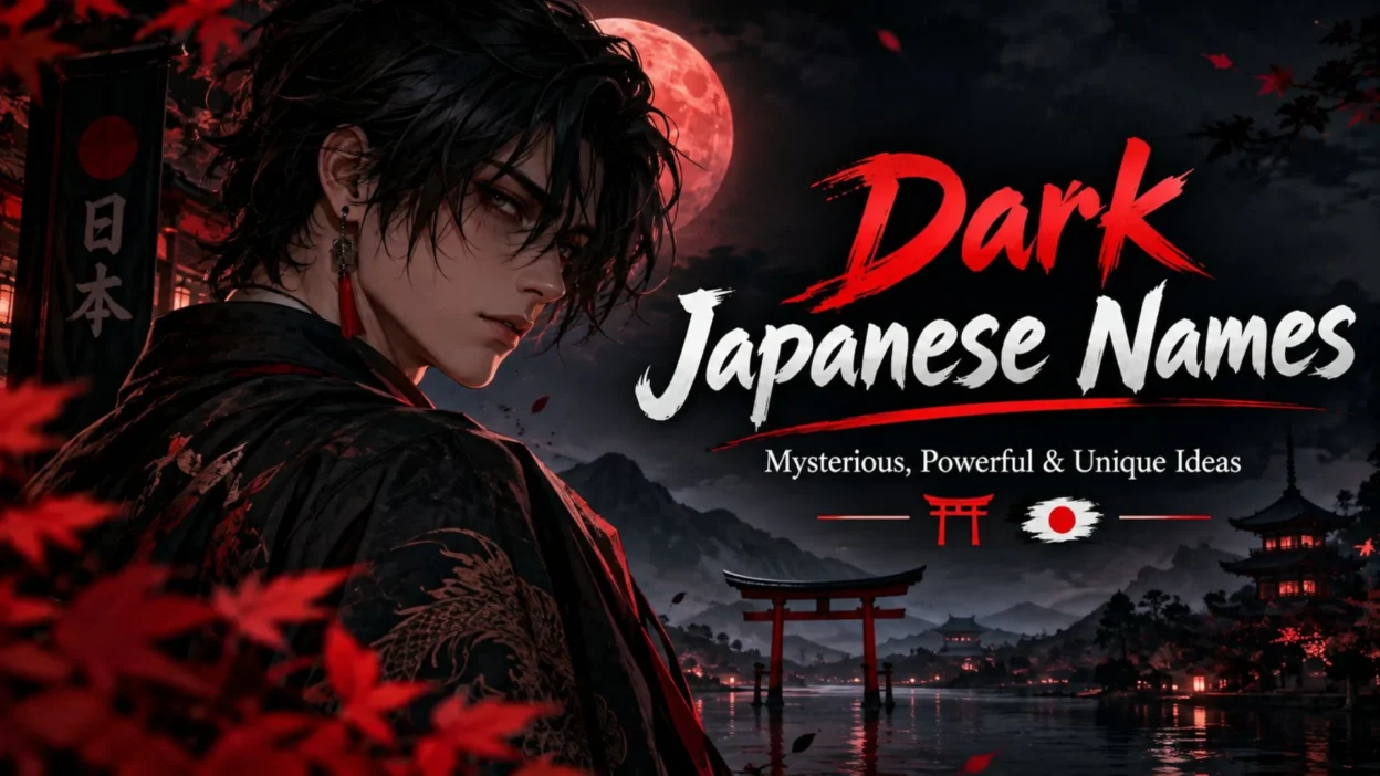 Dark Japanese names with mysterious anime character under a red moon in Japan