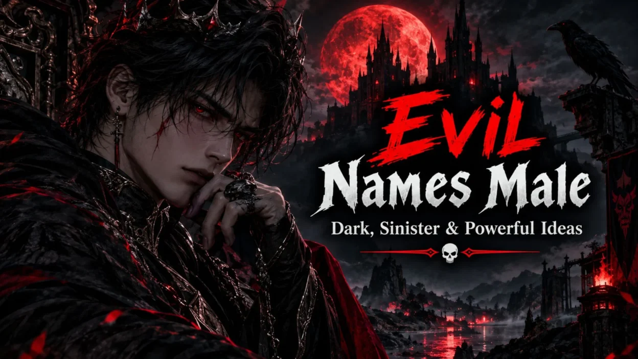 Evil male names with a sinister dark fantasy villain under a blood-red moon