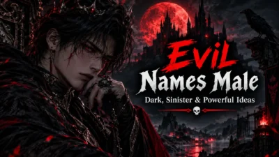 Evil male names with a sinister dark fantasy villain under a blood-red moon