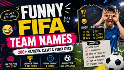 Funny FIFA team names featuring a humorous football player, FIFA-style card, soccer ball, and colorful gaming graphics.