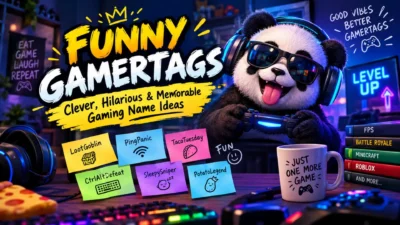 Funny gamertags with a gamer panda, controller, and colorful gaming setup