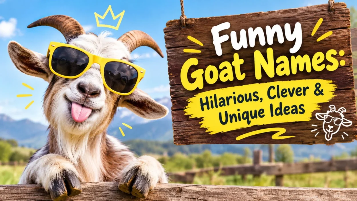 Funny goat wearing sunglasses beside a sign with funny goat names