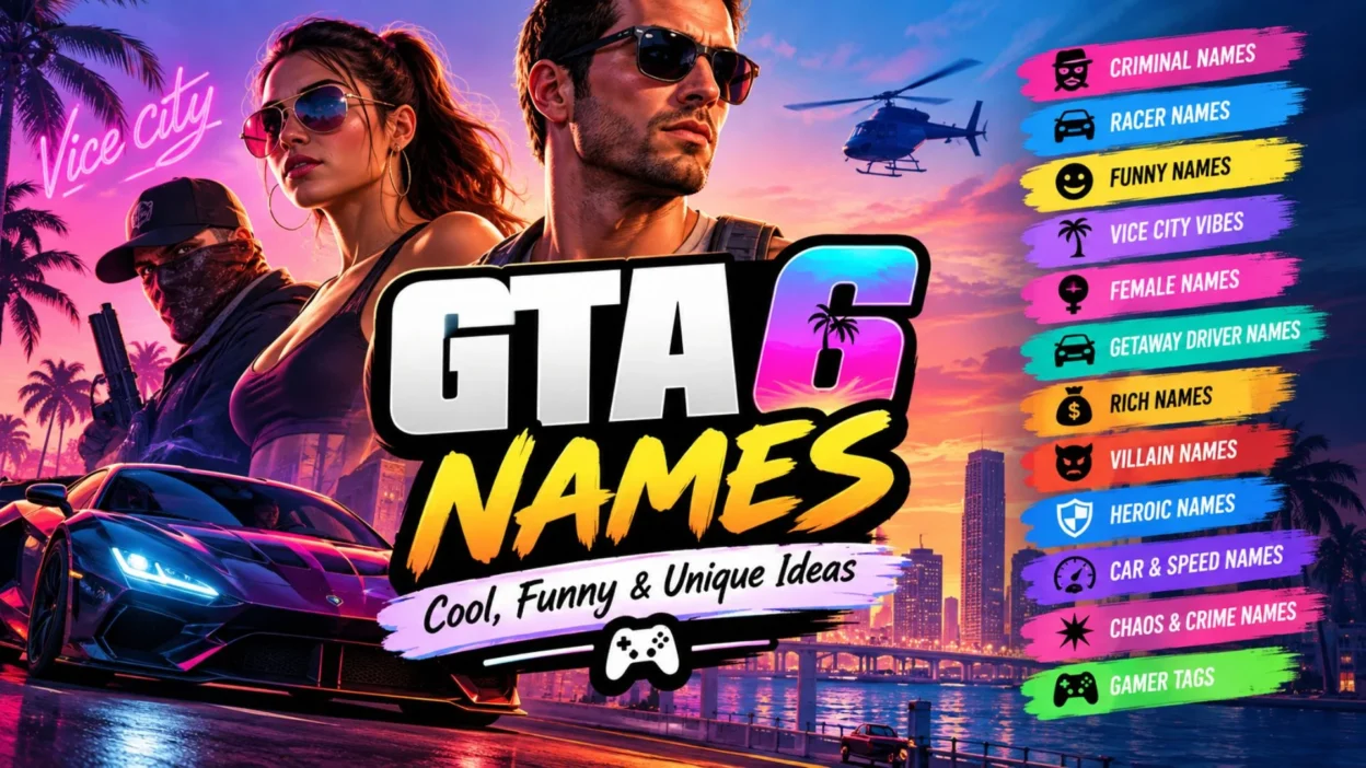 GTA 6 names featuring cool, funny, unique, criminal, racer, villain, and gamer name ideas