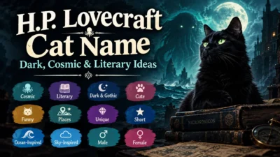 H.P. Lovecraft cat name ideas with dark, cosmic, cute, and literary themes