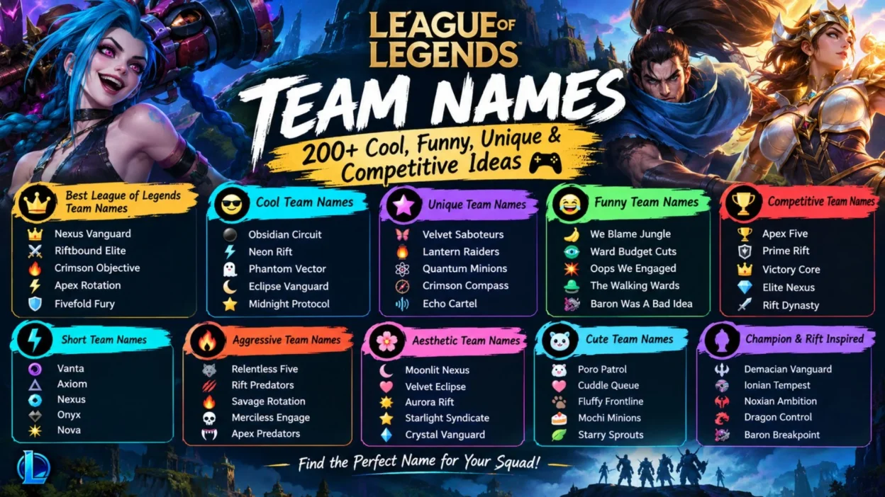 League of Legends team names featuring 200+ cool, funny, unique, and competitive ideas for gaming squads.