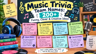 Music trivia team names with funny, clever, and creative ideas 🎵