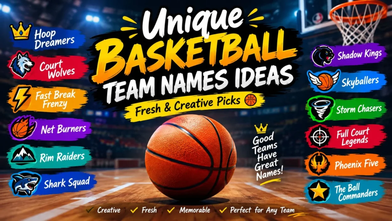 Unique basketball team names ideas with a basketball on an indoor court