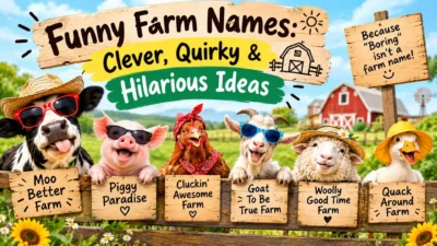 Funny farm names with playful farm animals and a rustic barn